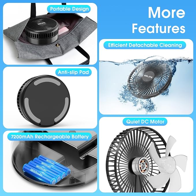 Belife X8-Lite Portable Camping Fan for Travel | 7200mAh Rechargeable Battery Powered Fans, USB Desk Fan with Remote, Foldable Cordless Floor Fan for Bedroom, 7.7" - Image 4