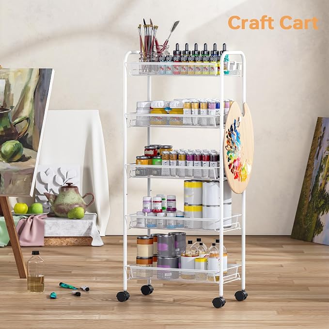 TOOLF 5 Tier Rolling Cart, Metal Utility Storage Cart with Wheels, White | 3 Hooks, Screwless Assembly, Trolley Organizer for Bathroom, Kitchen, Office, Nursery, Dorm, Laundry Room - Image 5
