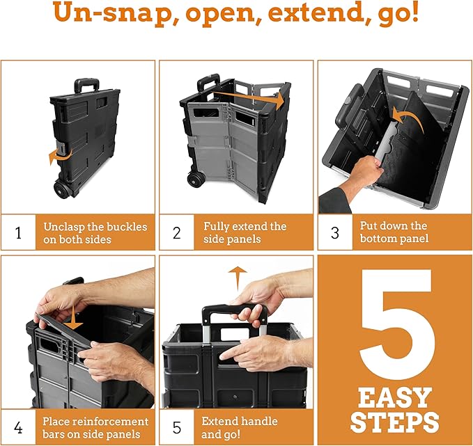 Inspired Living Ultra-Slim Rolling Collapsible Storage Pack-N-Roll Utility-carts, with Telescopic Handle, for Home, Garden, Shopping, Office, School use, Medium, Grey & Black - Image 6