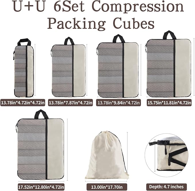 U+U 6 Set Compression Packing Cubes, Travel Organizers (Cream) | Space-Saving & Drawstring Bag Included - Image 5