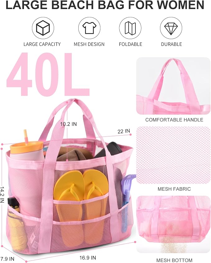 Genteen Beach Bag for Women, Large Waterproof Sandproof Beach Tote with Zipper Pocket, Solid for Travel Pool - Image 3