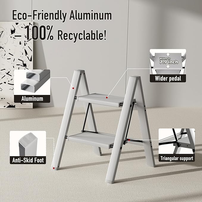 Mayi Plus 2 Step Stool Foldable, Aluminum, Lightweight Step Ladder | Extra-wide anti-slip folding steps with 330 lbs, for home,kitchen,office,outdoor,Grey - Image 2