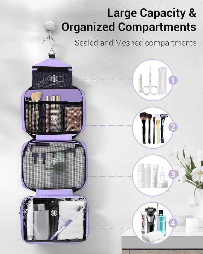 Maliton Toiletry Bag for Men & Women Travel Toiletry Bag Hanging Toiletry Bag Hygiene Organizer with 4 Compartments Waterproof Bathroom Shower Bag Large Toiletries Travel Bag (Purple) - Image 2