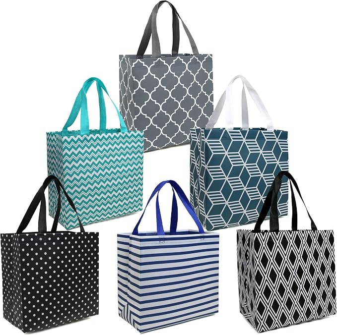BeeGreen 6-Pack Foldable Reusable Grocery Bags – Large Cloth Tote Bag with Handles, Bulk Shopping- Bags in Geometric Design, Shopping Baskets, Utility Reusable Gift for Groceries by BeeGreen