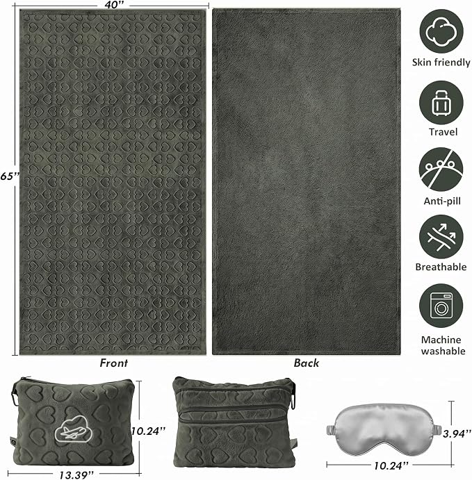 Travel Blanket, Airplane Blanket, Ultra-Soft, Warm & Lightweight, 65x40 in, Outdoor Blanket Essentials for Women, Men & Kids, Included Eye Mask, Luggage Sleeve & Backpack Clip Heart Grey - Image 6
