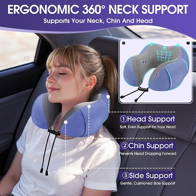 CloudBliss Memory Foam Travel Neck Pillow Airplane, 2 Pack, Black & Blue - Image 2