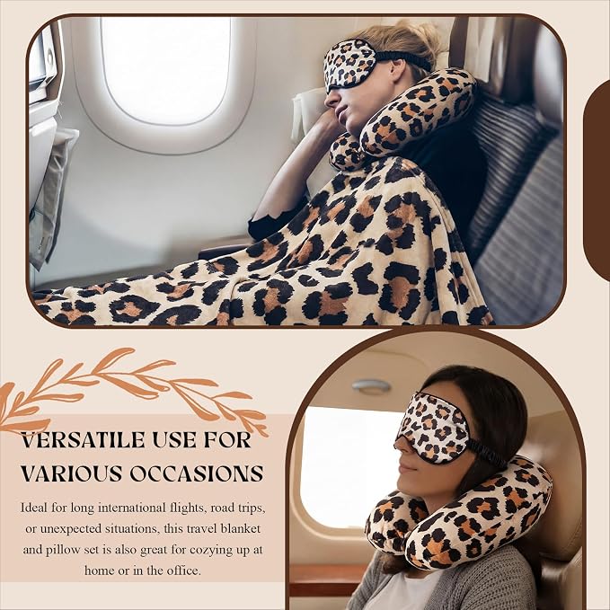 HunnmingRe 5 Pcs Travel Pillow and Blanket Set, 5 in 1 Travel Airplane Compact Includes 40 x 60 Inch Throw Blanket Eye Mask Neck Pillow Earplug and Bag Gifts for Travelers Women(Leopard Print,Brown) - Image 7