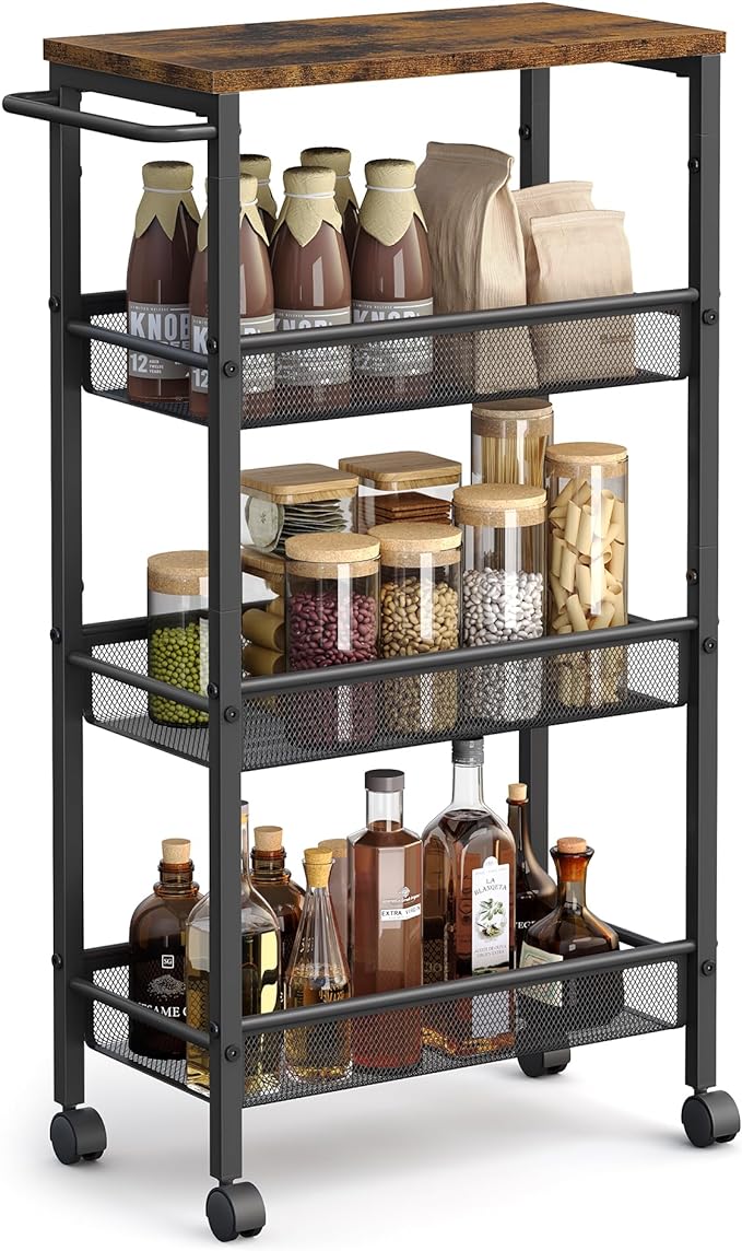VASAGLE Slim Rolling Cart, 4-Tier, 8.7 Inches Deep, Steel Frame | Storage Cart with Handle, Narrow for Kitchen, Living Room, Rustic Brown and Matte Black, DACEY Collection ULRC033B01 by Unknown
