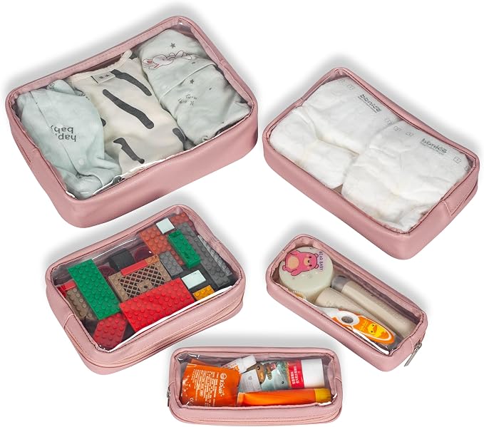 Remobia Hicol TSA Approved 5-Piece Diaper Bag Organizer Pouch Set Clear Waterproof TPU Kids Toiletry Storage Set Travel Packing Clutch Cube Bags for Baby Nursing (Light Pink Leather) - Image 5