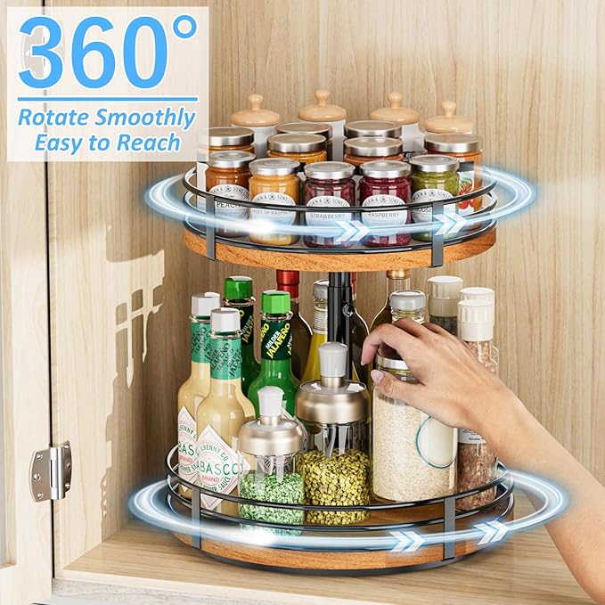 Lazy Susan Turntable Organizer Adjustable - 2 Tier Wood Rotating Spice Rack 12 Inch Lazy Susan for Kitchen Countertop Cabinet Pantry Cupboard Dining Table Bathroom Coffee Bar Home Storage - Image 2