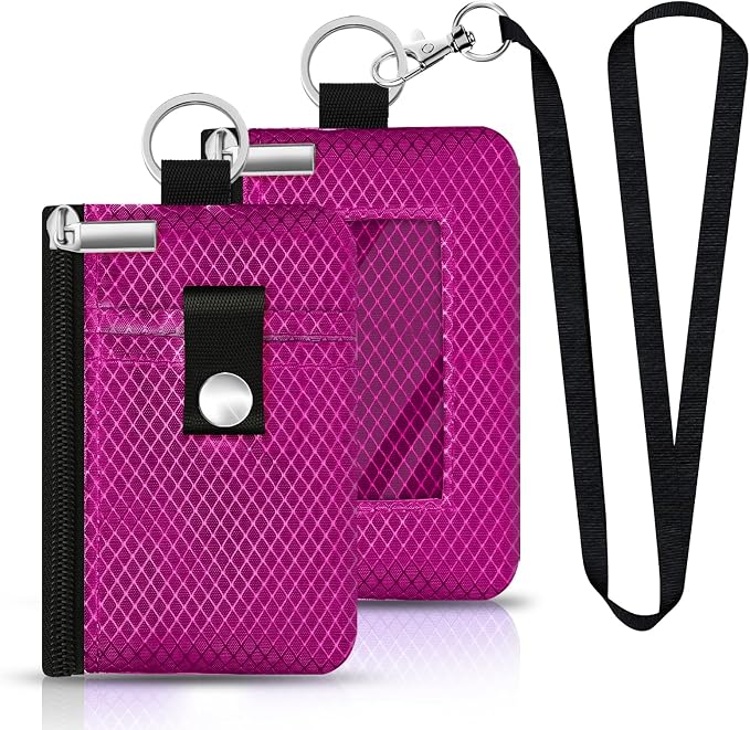 Minimalist RFID Blocking Small Wallet with ID Window,WaterResistant Zip Id Case Wallet with Lanyard Keychain for Cards,Cash,Travel,Women,Men (Purplish Red) - Image 3