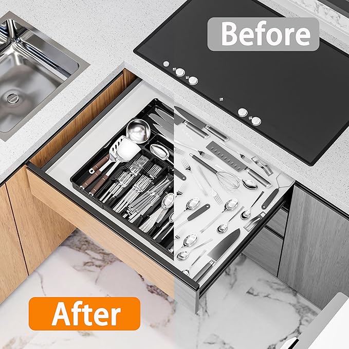Silverware Drawer Organizer, Expandable Utensil Tray for Kitchen Drawers, BPA Free Flatware and Cutlery Holder, Adjustable Plastic Storage for Utensil like Spoons, Forks, Knives.Black - Image 4