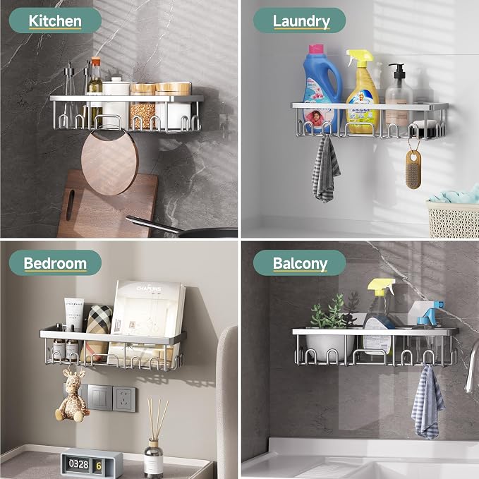 Veken Shower Caddy 6-Pack, Advanced Rustproof Design, No Drilling Adhesive Shelves, Rack with Soap Holder, Large Capacity Bathroom Organizers and Storage, Wall-Mounted Kitchen & Home Decor, Silver - Image 7