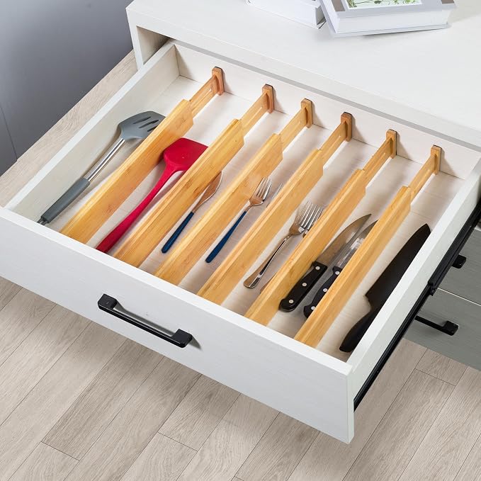VaeFae 60-Pack Adjustable Bamboo Drawer Dividers, Expandable Drawer Organizer for Kitchen Utensils, Clothes, Bathroom, Office – Fits Drawer Interiors 16.6" to 21.8" - Image 7