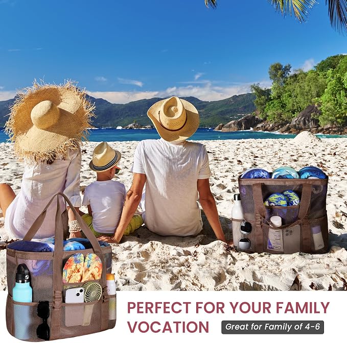 Tavaleu Mesh Beach Bag, Large Capacity Beach Tote, Multi Pockets, Sandproof | Mesh Material, Multiple Storage Pockets, Lightweight & Foldable Design, For Beach & Pool Use, Easy to Clean & Quick Dry - Image 7