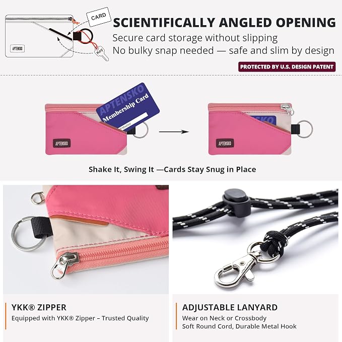 RFID Blocking Travel Wallet with Adjustable Lanyard, Small Nylon Zipper Pouch and Badge Holder for ID, Credit Cards, Cash, Keys, Commuters (Pink+Almond) - Image 5