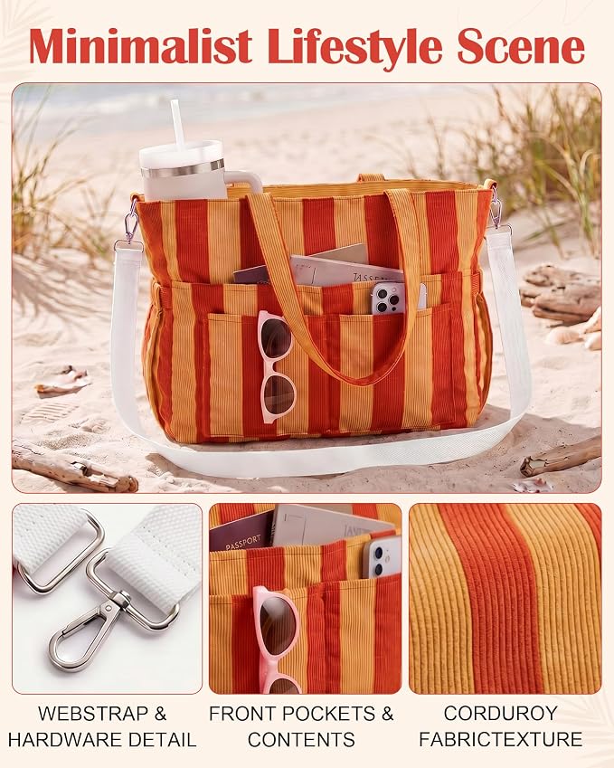 Kacctyen Striped Beach Tote Bag for Women Large Beach Foldable Tote Bag with Zipper Pockets for Travel Pool - Image 4