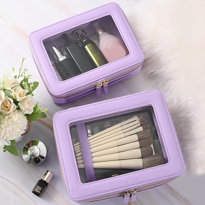 Aveniee Clear Makeup Bags, Double Layer Cosmetic Bags with a Separate Brush Compartment, Large Travel Toiletry Bag Train Case for Women, Travel Accessories Organizer.2 Layers Large, Lilac - Image 5