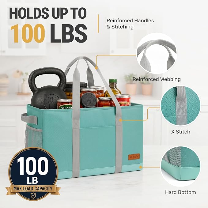 WONDAY X-Large Utility Tote Bag, Standing Reusable Grocery Bag | 22x11x13.5in, 50L capacity, holds 100lbs, collapsible, fabric with leather bottom, for beach travel storage - Image 8