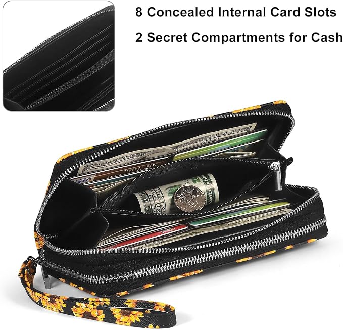 RFID Wallet for Women with Cellphone Pocket - Double Zipper Wristlet Purse Large Capacity, 17 Card Slots, Coin Pocket, Sunflower Print - Image 4