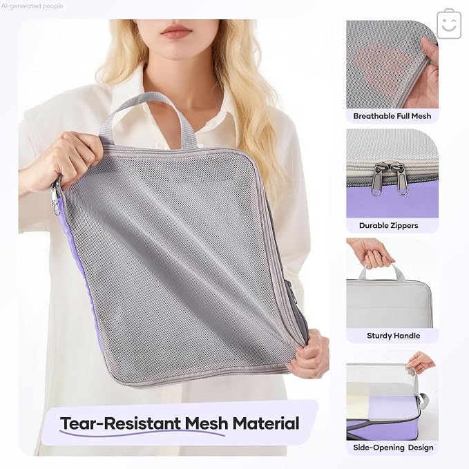 Veken 9/11 Set Compression Packing Cubes Garment Bags for Travel Essentials,Compressible Expandable Luggage Organizer Bags for Clothing,Space Saver Bags with Over 1000 pcs of Mesh Holes(Light Purple) - Image 5