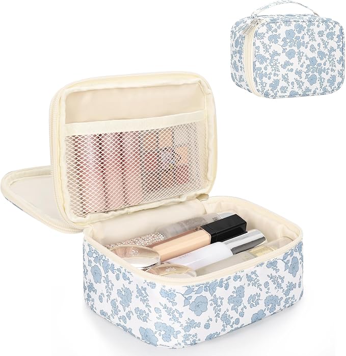 Relavel Travel Makeup Bag, Mini Floral Cosmetic Bag with 2 Layers | Portable Makeup Pouch for Women with 2 Makeup Brush Holders, Cute Toiletry Bag with Handle for Necessaries, Blue Flower by Relavel