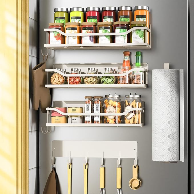 5 Pack Multifunctional Magnetic Shelves for Refrigerator Spice Rack & Washing Machine Organize, Include Paper Towel Holder, Kitchen Utensil Hanger and Hooks, Strong Magnet for Secure Hold (Cream) - Image 8