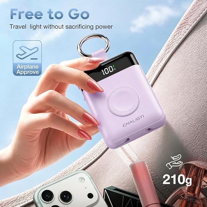 10000mAh Portable Charger,22.5W Power Bank&iWatch Charger,Purple | LED Display,Built-in Cables,Super Fast Charging,Travel Keychain Battery Pack for iPhone 17/16/15/14/13/12,Apple Watch Series - Image 6