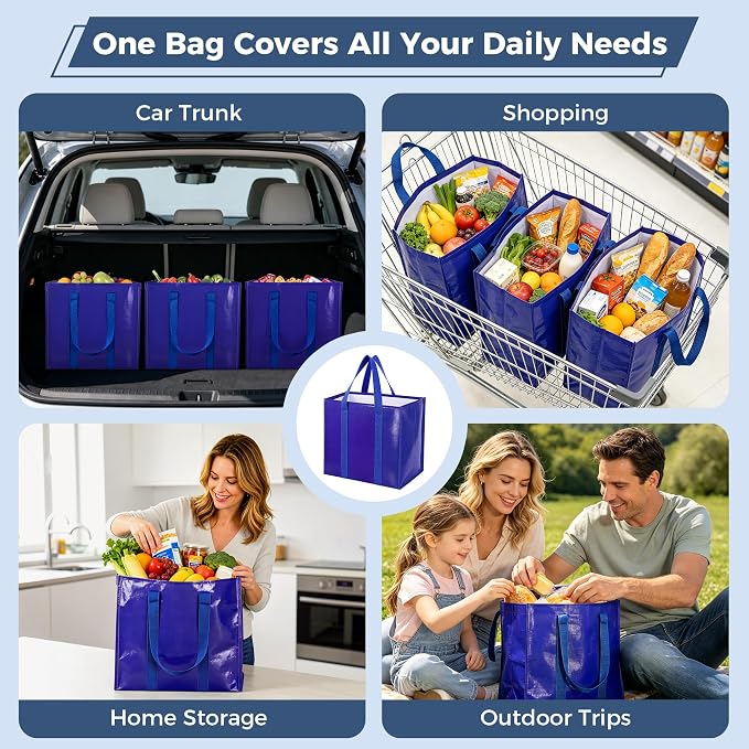Reusable Grocery Bags, Waterproof & Foldable Shopping Bags Stand Upright | Heavy Duty Shopping Tote Bags, Waterproof & Foldable with Long Handles for Bulk Shopping, Versatile Storage 8 Pack-42L - Image 6