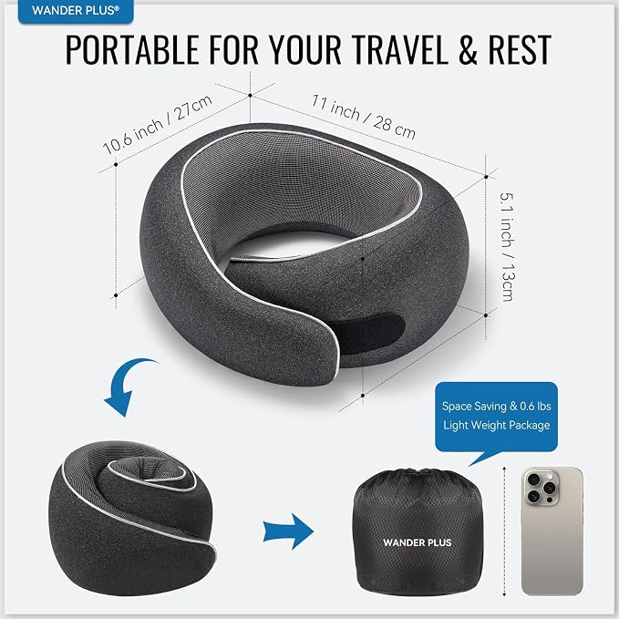 WANDER+ Plus® Travel Neck Pillow, Max Black | Pure Memory Foam, Comfortable Breathable Cover, 360 Degree Support Ergonomic Design - Image 2