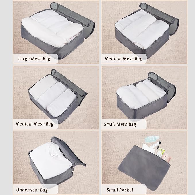 Vercord 7 Set Travel Packing Organizers Cubes Luggage Suitcase Organizer Bags Clothes Underwear Cube Shoe Pouch Pack Grey - Image 3