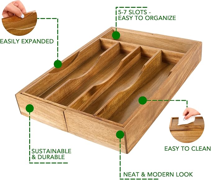 Expandable Acacia Kitchen Drawer Organizer for Cutlery and Utensils, Adjustable Acacia Wood Cutlery Tray in Drawer for Flatware and Silverware in Kitchen - Image 5