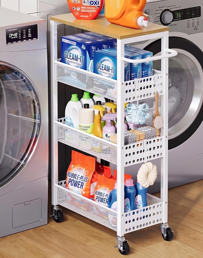 Laundry Room Slim Rolling Cart with Wheels for Between Washer and Dryer Gap | Utility Narrow Laundry Room Organization and Storage Shelves, White Skinny Shelf with Table Top,Detergent Organizer Cabinet by Unknown