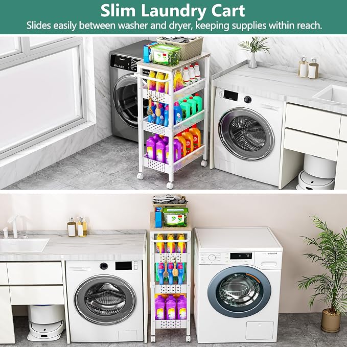 Vivihomety 4-Tier Laundry Utility Rolling Storage Cart with Wheels, Metal | Narrow 8.1" wide, lockable wheels, wood top panel, metal frame, for laundry room, small spaces, pantry, tight gaps, White - Image 5