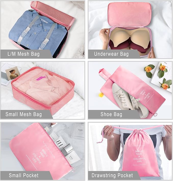 Packing Cubes, 8 Pcs Travel Packing Organizers for Suitcases, Large Capacity Travel Luggage Organizers Set includes 8 Storage Bags for Women or Men (Pink) - Image 4