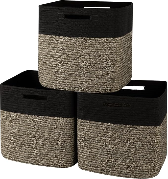 OIAHOMY 13 Inch Cube Storage Bins, 3-Pack Cotton Rope Woven Baskets for Organizing, Insert Storage Baskets for Shelves, Baby Nursery, Closet Organizer, 13 * 13 * 12.6IN, Black & Mixed Brown by MasterofSpaceOptimization