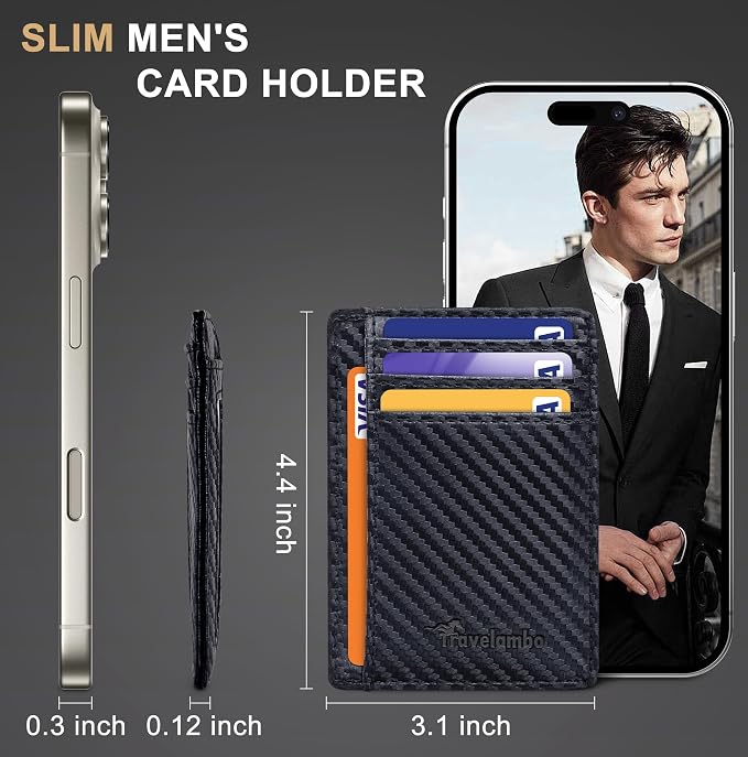 Travelambo Slim Wallet Front Pocket Minimalist Leather RFID Blocking Medium Size (Carbon Fiber Black) - Image 6