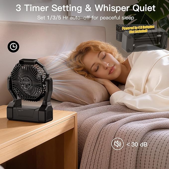 Battery Operated Fan, 2-in-1 D-Cell Battery & USB Powered Portable Fan with 4 Speeds, 3 Timers & 2 Light Modes, Super Long Lasting Camping Fan for Outdoor Tent Travel Picnic Office Bedroom - Black - Image 5