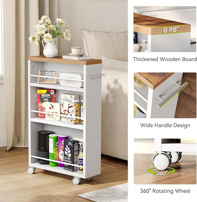 LITTLE TREE 4 Tier Rolling Cart with Wheels, 6.3 Inch Slim Storage Cart, Wooden Snack Cart with Narrow Shelf, White Laundry Room and Bathroom Organizer Shelves - Image 7