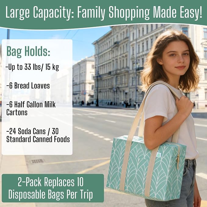 VENO 2 Pack Utility Tote Reusable Grocery Bags with Zipper & Hard Bottom | Heavy Duty Foldable Water-Resistant Shopping Bags for Summer Beach, Pool, Picnic & Travel Carry-on (Evergreen, 2 Pack) - Image 7
