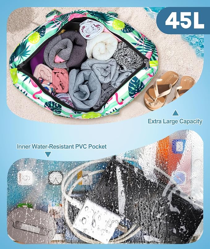 ISEYOU Extra Large Beach Bag Waterproof Beach Totes Bags for Women, Lightweight Foldable Pool Bag with Zipper Wet Compartment - Image 3