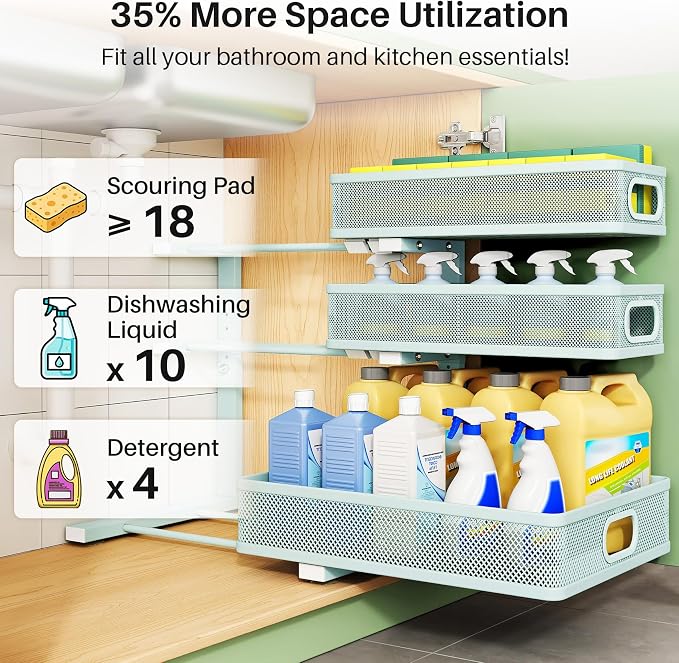 Under Sink Organizer, 1-Pack 3-Tier Height Adjustable Thickened Metal Pull out Cabinet Organizer Shelf, Slide out Storage Drawer Rack for Bathroom Kitchen Pantry Home Organization, LightBlue - Image 4