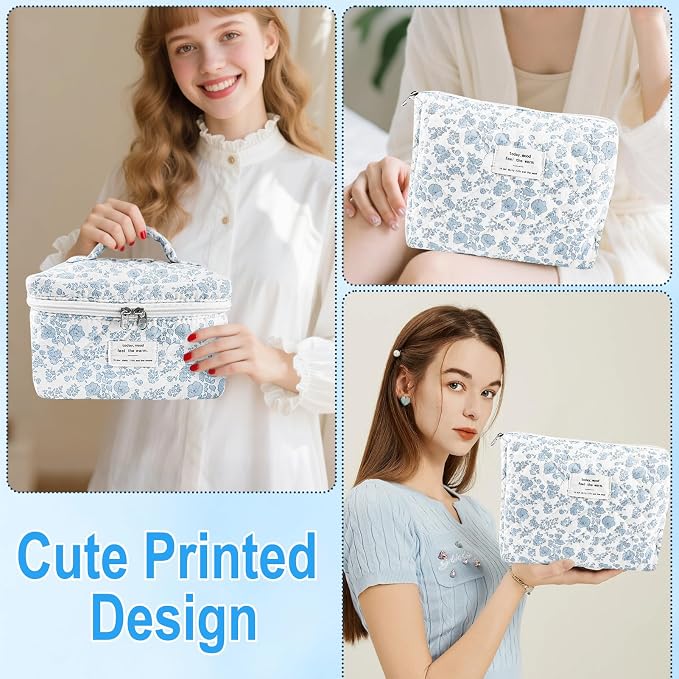 URSKYTOUS 2Pcs Cotton Quilted Makeup Bag for Women Extra Large Small Travel Cosmetic Bag Set Cute Blue Floral Print Makeup Pouch Portable Toiletry Bag Organizer Coquette Vintage Puffy Travel Essential - Image 7