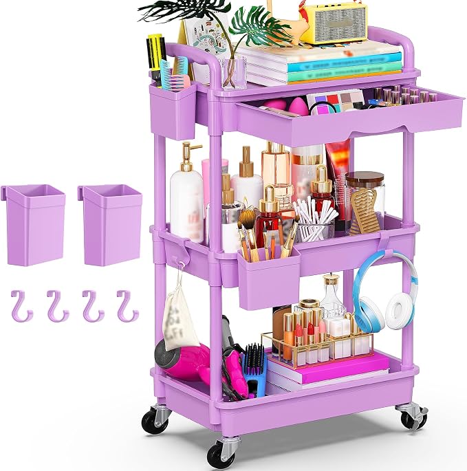 Goovilla 3 Tier Rolling Utility Cart Organizer with Removable Drawer,Purple | Stable and Sturdy Rolling Storage Carts with 2 Lockable Wheels for Bathroom, Kitchen, Snack, Craft, Makeup, Baby Essentials by Goovilla