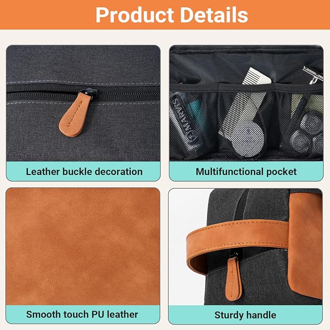 Elviros Travel Toiletry Bag for Men, Hanging Shaving Dopp Kit PU Leather Small Pouch Water Repellent Travel Essentials Organizer Gift for Dad, Black - Image 4