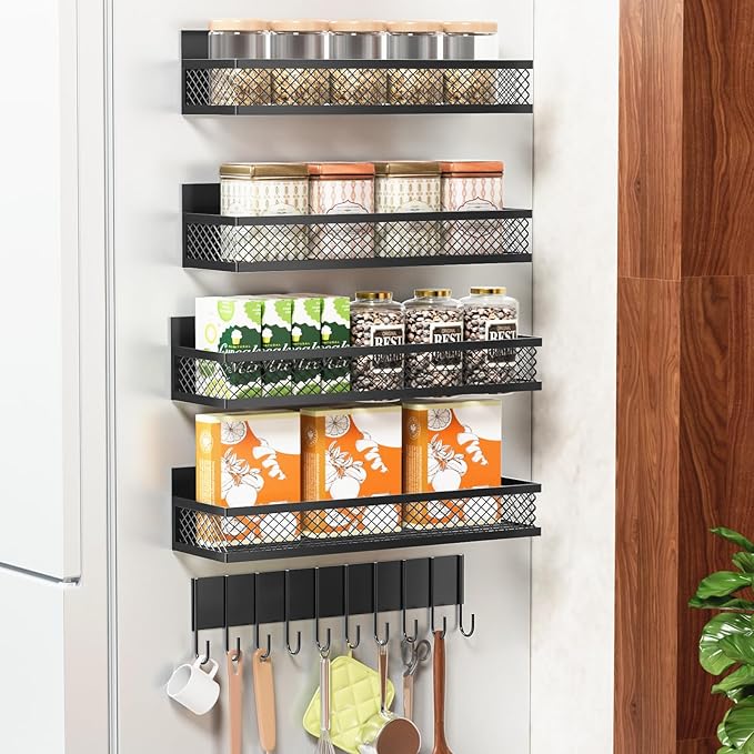 Magnetic Spice Rack for Refrigerator, 5 Pack Magnetic Shelf for Refrigerator, Moveable Fridge Magnetic Spice Racks with 10-Hook Rack for Kitchen Organizers and Storage by Umomi