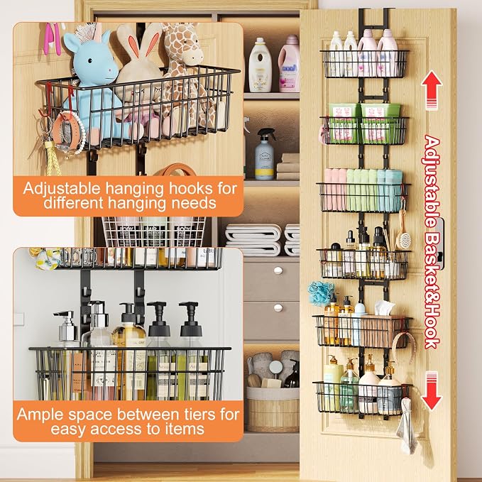 Hongtamoya Over The Door Organizer, Adjustable Hanging Door Organizer with 6 Wire Baskets 5 Hooks, Metal Behind The Door Storage for Pantry Closet Bedroom Bathroom Cabinet Kitchen Laundry Room, Black - Image 8