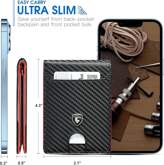 GSOIAX Slim Wallet for Men RFID Blocking Bifold Wallet Carbon Fiber Front Pocket Wallet with 11 Card Holder Minimalist Mens Wallet with Gift Box(Carbon Black and Red) - Image 4