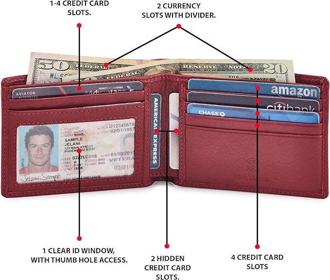 Real Leather Mens Bifold Wallet RFID Blocking Slim Minimalist Front Pocket - Thin & Stylish with ID Window in Gift Box (Nappa, Red) - Image 3