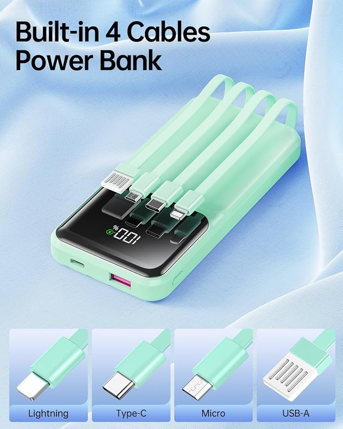 Portable Charger with Built in Cable 20000mAh Fast Charging | Power Bank USB C Slim 22.5W LED Display Battery Pack 5 Outputs & 3 Inputs for Travel Essentials iPhone Samsung Phones Cyan - Image 2
